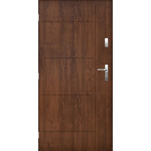 Brązowe drzwi zewnętrzne z trzema poziomymi panelami i srebrną klamką.