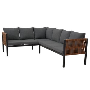 Szary narożny zestaw wypoczynkowy z brązowym akcentem do ogrodu.