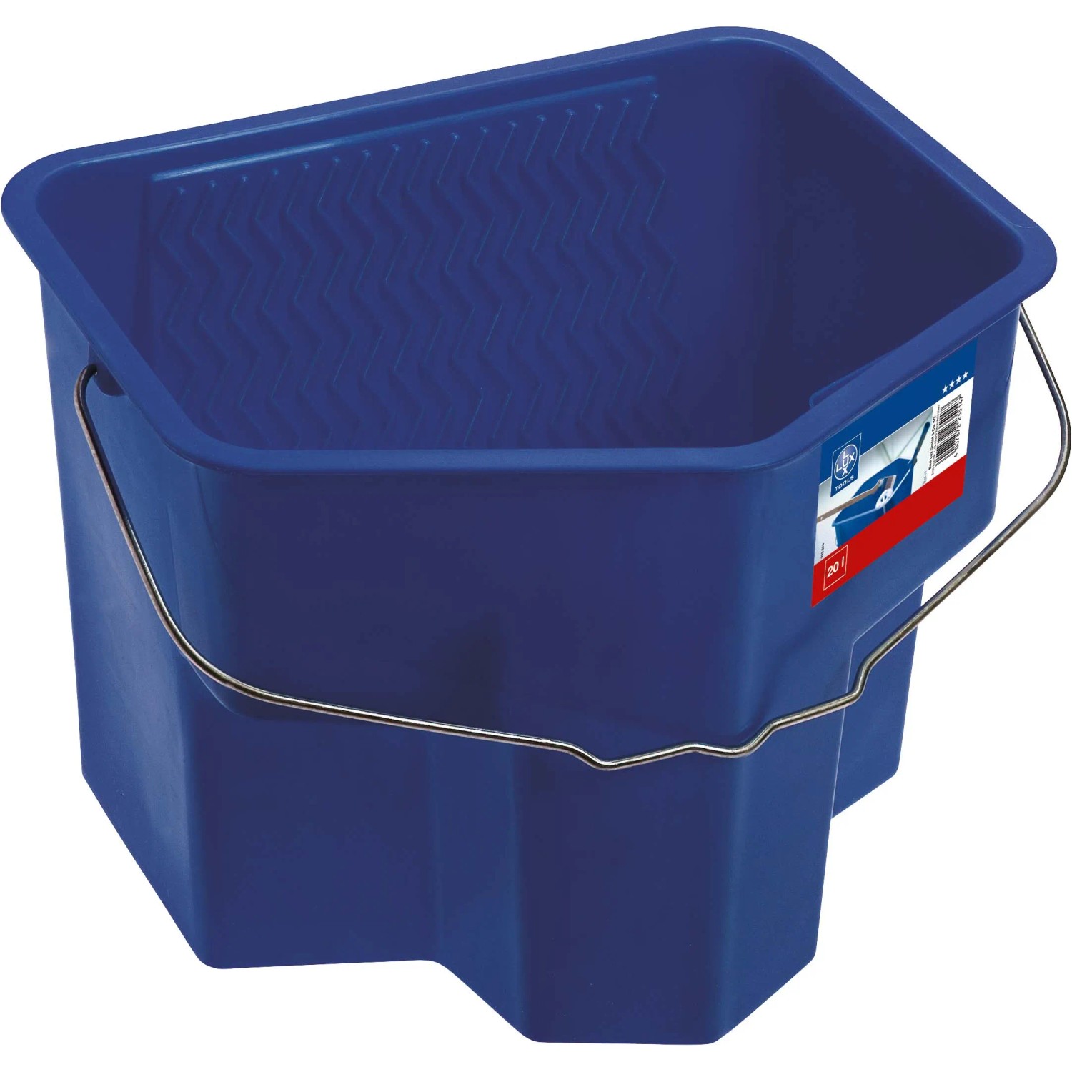 Niebieskie wiadro na farbę LUX Comfort, 20 l, ze skrobakiem i drucianym uchwytem.