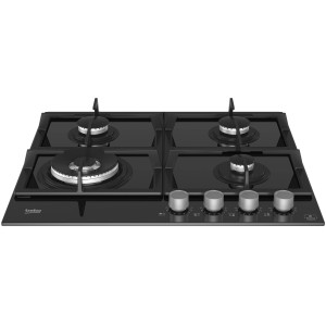 Czarna płyta kuchenna t.b.t. z czterema palnikami gazowymi i pokrętłami.