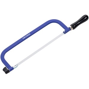 Piła do metalu LUX Comfort, 300 mm, z niebieską ramą i czarną drewnianą rączką.