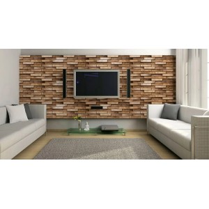 Salon z panelami ściennymi imitującymi drewno. Dekoracyjny design ściany z paneli.