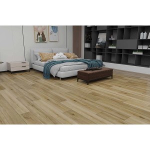 Ułożony jasny panel winylowy t.b.t. w sypialni z łóżkiem i półką.