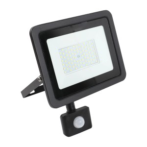 Czarny reflektor LED z czujnikiem ruchu do użytku zewnętrznego.