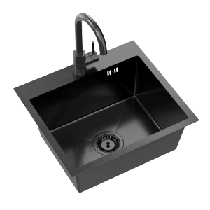 Czarny zlewozmywak ze stali nierdzewnej z baterią, kategoria: Zlewozmywaki ze stali szlachetnej.
