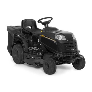 Czarny traktorek kosiarka z koszem.