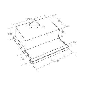 Rysunek techniczny płaskiego okapu (pochłaniacza) z wymiarami.