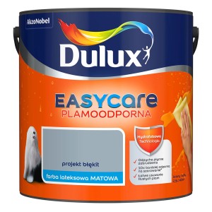 Dulux Easycare farba do ścian "projekt błękit", matowa farba lateksowa w pomarańczowym wiadrze.