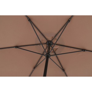 Zbliżenie na parasol ogrodowy Mokka Ø 300 cm, widok od dołu na poszycie i mechanizm korbowy.