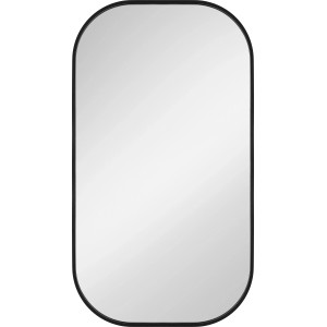 Prostokątne lustro z zaokrąglonymi rogami i czarną ramą.