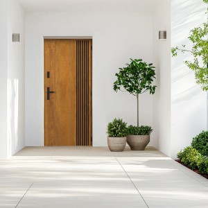 Nowoczesne drzwi zewnętrzne o wyglądzie drewna z czarnymi akcentami. Drzwi wejściowe do stylowego domu.