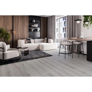 Jasny salon z panelami winylowymi t.b.t. imitującymi drewno. Nowoczesne wnętrze z sofą i barem.