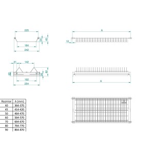 Rysunek techniczny ociekacza z wymiarami.