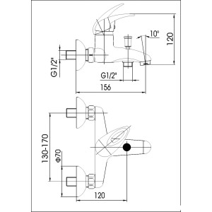 Rysunek techniczny: bateria wannowa t.b.t. z wymiarami.