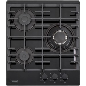 Czarna płyta kuchenna z trzema palnikami, widok z góry.