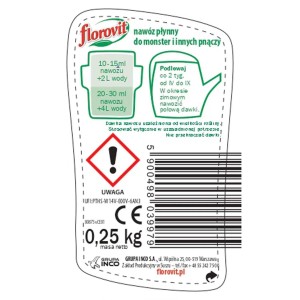 Etykieta nawozu płynnego Florovit do roślin doniczkowych i balkonowych z instrukcją dawkowania.
