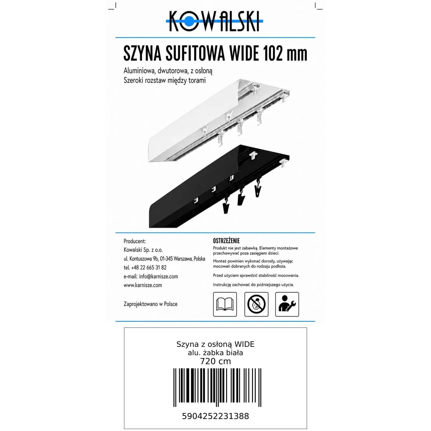 Kowalski Szyna aluminiowa z osłoną WIDE żabka 720 cm biała_6