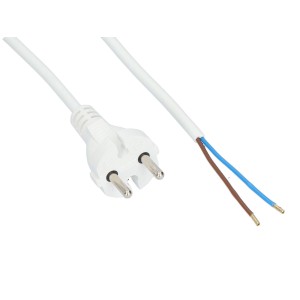 Biały kabel zasilający z wtyczką i odsłoniętymi przewodami (niebieski, brązowy).