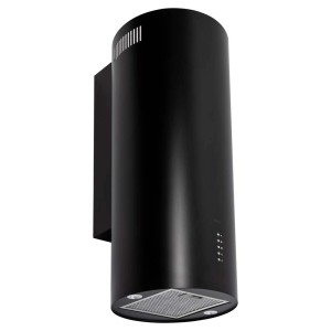 Czarny, cylindryczny okap ścienny t.b.t. ze stali nierdzewnej do kuchni.