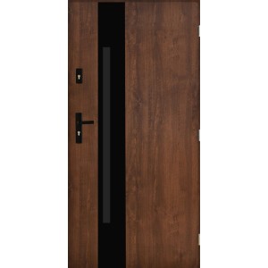 Brązowe drzwi zewnętrzne z czarnym akcentem i klamką. Solidne drzwi wejściowe.