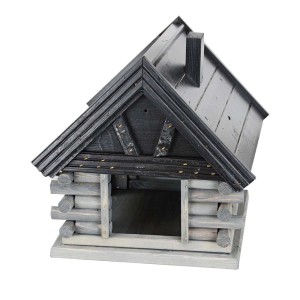 Drewniany karmnik dla ptaków w stylu chaty z bali, szary i czarny. Kategoria: Karmniki dla ptaków.