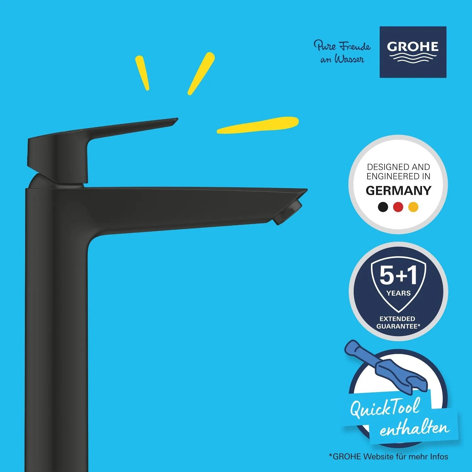 Nowoczesna, matowa czarna bateria umywalkowa Grohe Start XL-Size do umywalek wolnostojących.