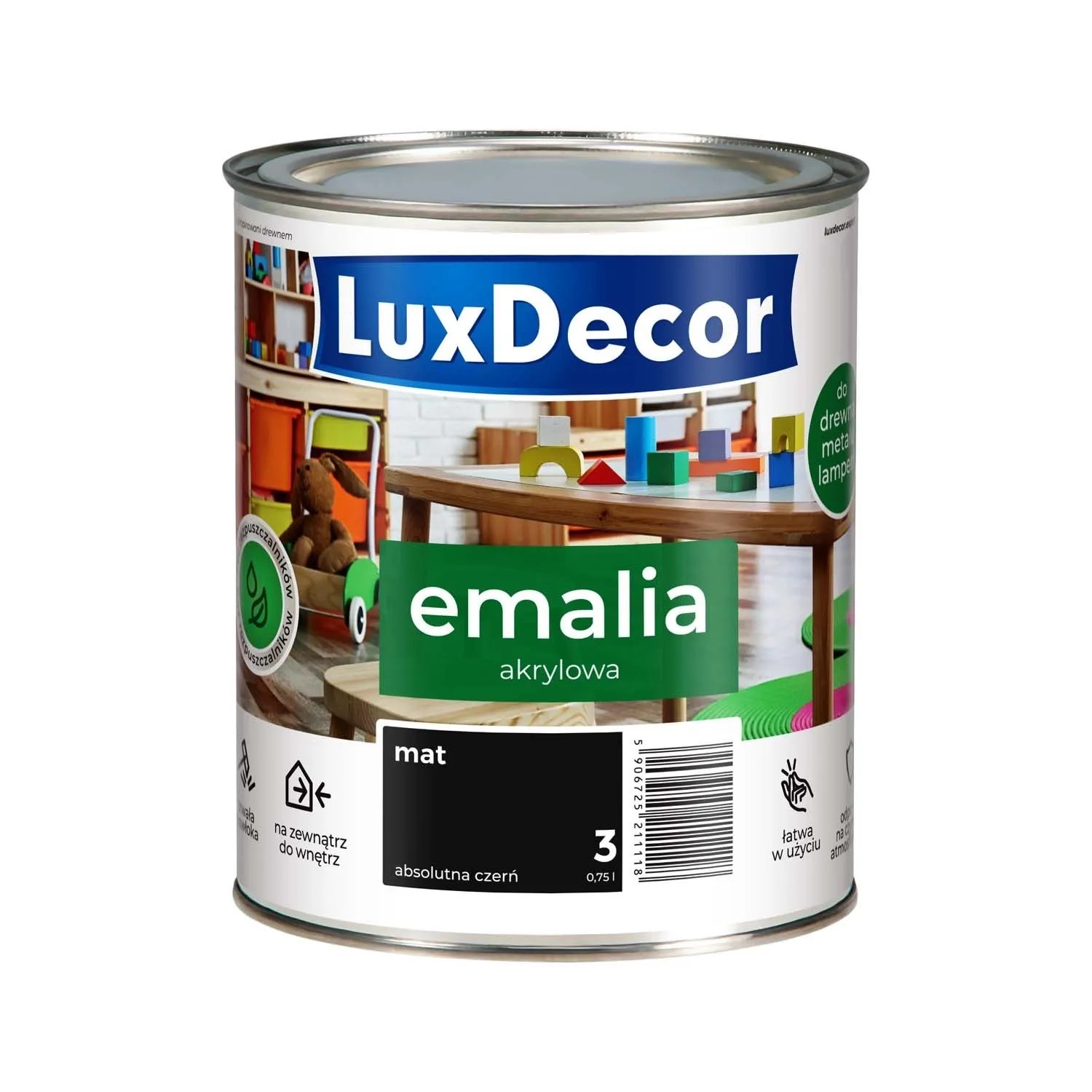 LuxDecor Emalia akrylowa do drewna i metalu mat absolutna czerń 750 ml