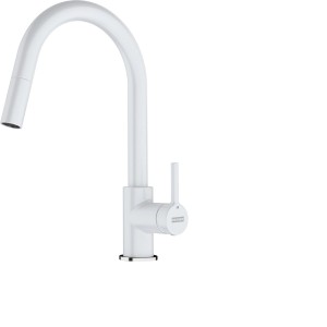 Biała bateria jednouchwytowa z wyciąganą wylewką.