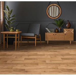 Jasne t.b.t. wykładziny podłogowe PCV w salonie z meblami. Trwałe i łatwe w czyszczeniu.