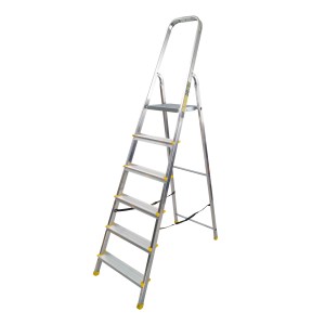 Aluminiowa drabina domowa z 6 stopniami i poręczą.