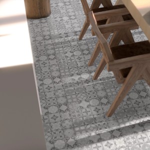 Szare panele winylowe we wzory pod krzesłami. Idealne do kuchni i łazienki.