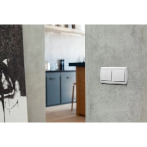Białe ramki t.b.t. na przełączniki na szarej ścianie w nowoczesnym pokoju.