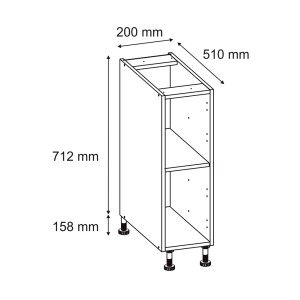 Rysunek techniczny wąskiej szafki dolnej OBI z wymiarami.