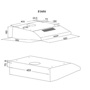 Rysunek techniczny płaskiego Okapu (okapu kuchennego) z wymiarami.