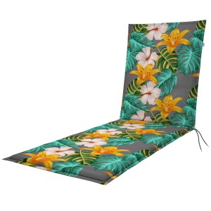 Poduszka na leżak ogrodowy z tropikalnym wzorem kwiatowym.