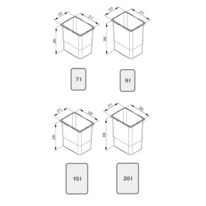 Rysunek techniczny kosza na śmieci t.b.t. z wymiarami w mm.