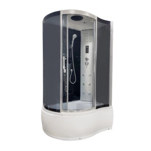 Kabina hydromasażowa t.b.t. z szarymi ścianami i głowicą prysznicową.