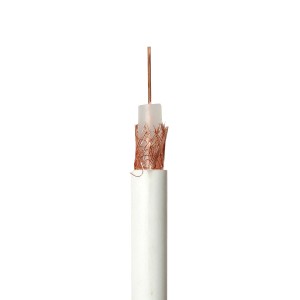 Kabel koncentryczny, biały, z odsłoniętym drutem miedzianym.