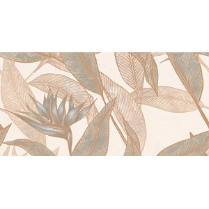 Płytka dekoracyjna z kwiatowym wzorem liści i kwiatu rajskiego ptaka w odcieniach beżu i błękitu.