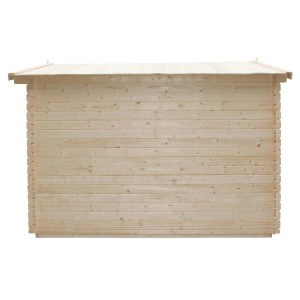 Drewniany domek t.b.t. z naturalnego drewna, widok z boku.