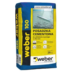 Wylewka cementowa Weber 100, worek 25 kg. Nadaje się do płytek, paneli i innych okładzin.