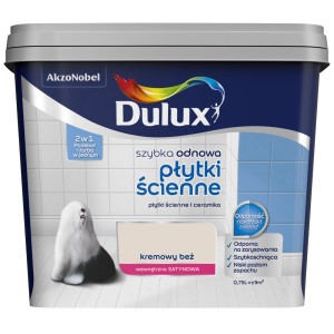 Wiadro z farbą do płytek Dulux, kremowy beż, do szybkiej renowacji płytek ściennych i ceramiki.