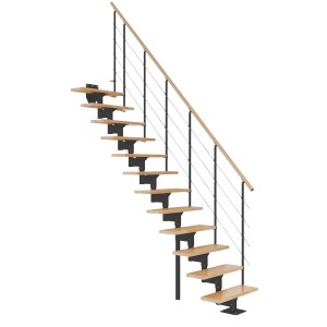 Schody wewnętrzne t.b.t. ze stopniami drewnianymi i metalową barierką.