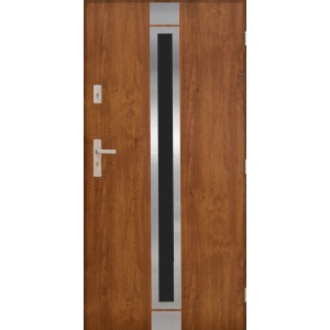 Brązowe drzwi zewnętrzne z srebrnym akcentem i klamką.