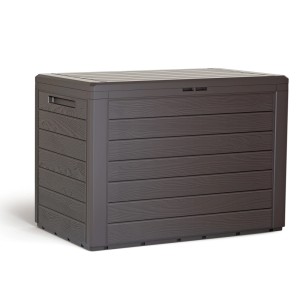 Brązowa skrzynia na poduszki t.b.t. z efektem drewna do ogrodu i na taras.