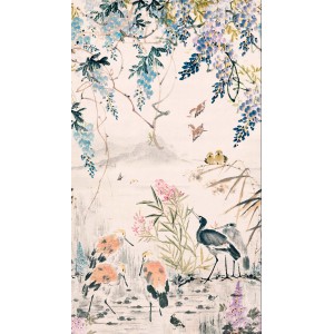 Tapeta dekoracyjna z azjatyckim motywem ptaków i kwiatów.