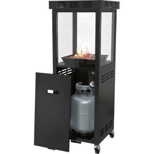 Czarne palenisko t.b.t. ze szklaną obudową i butlą gazową w szafce dolnej.