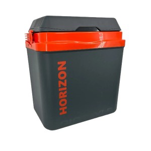 Szaro-pomarańczowe pudełko na akcesoria kempingowe z pokrywką i nadrukiem "Horizon".