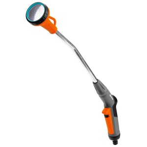 Pistolet ogrodowy z głowicą prysznicową, pomarańczowy i szary, do nawadniania ogrodu.