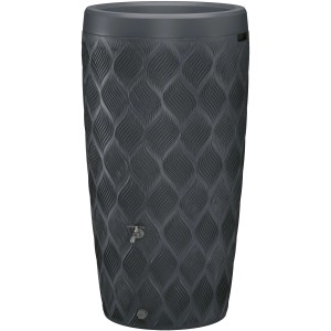 Szary zbiornik na deszczówkę t.b.t. z kranem i dekoracyjną powierzchnią.